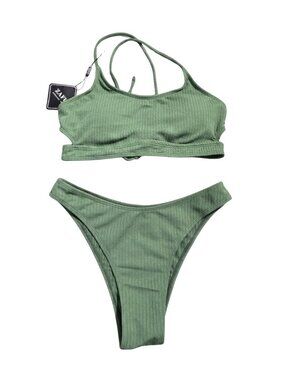 NWT | ZAFUL Sage Green Ribbed Lace-Up Scoop Neck High Leg Bikini Set | Medium